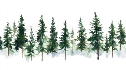 Obraz premium Forest scene of pine trees in watercolor style with mountain landscape in green tones against a white background