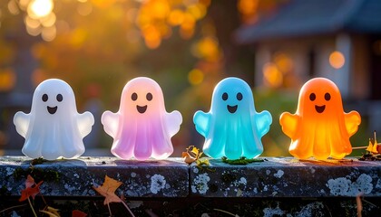 Adorable, glowing, colorful ghost figurines arranged on a stone wall. Autumn colors in background