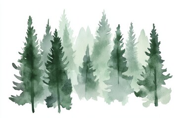 Fototapeta premium Pine trees stretch high in a forest landscape with mountains in the background under bright daytime sky