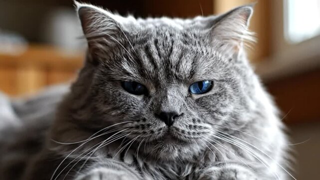 Close up view of a gorgeous silver tabby cat with bright blue eyes looking directly into the camera while purring happily