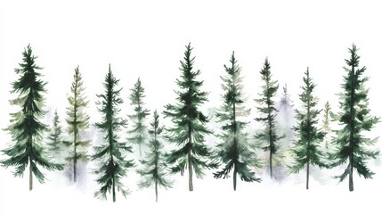 Obraz premium Watercolor illustration of trees showcasing a green forest with mountains in the background on a plain white canvas