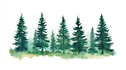 Obraz premium Tall pine trees in a green forest landscape with light mountains in the background on a white canvas