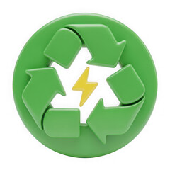 Green recycling symbol with yellow lightning bolt isolated on transparent background