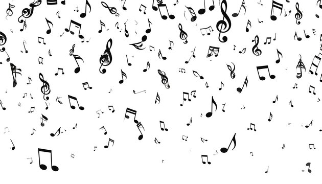 Chaotic Cascade of Black Musical Notes and Treble Clefs on a White Background