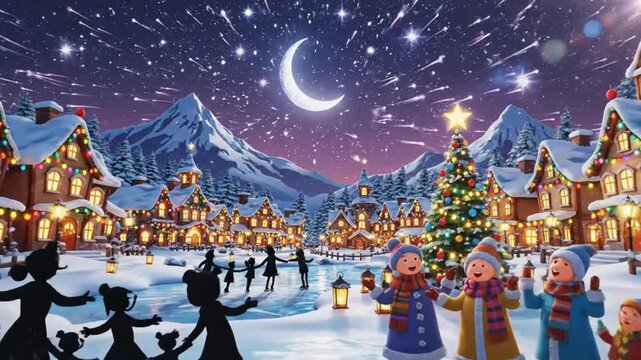 Christmas village with children and ice skating under a starry night sky and crescent moon