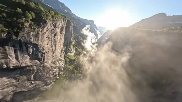 Spectacular Rockfall in Swiss Canyon - A Natural Wonder.