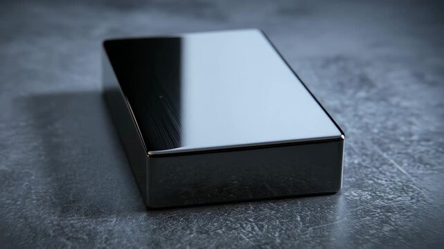 4K Sleek black glossy rectangular object on dark textured background, modern minimalist design, reflective surface, product mockup concept video