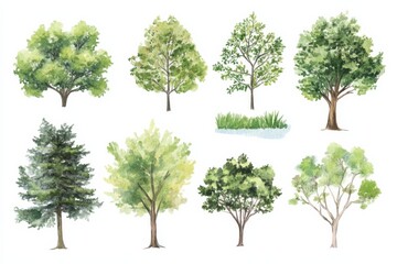 Fototapeta premium Hand drawn watercolor tree set for crafts and designs featuring various styles and shapes of trees and bushes for art projects
