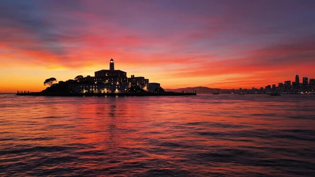 Dramatic Sunset Over Alcatraz Island and San Francisco Skyline, Orange and Pink Sky Reflection on Water