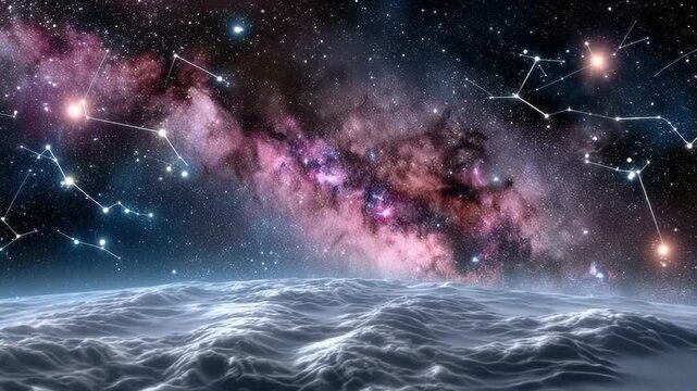 Astrology forecast in watercolor style with dreamy night sky and zodiac constellations painted in soft tones, mystical celestial background, copy space