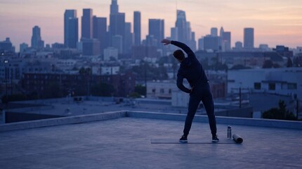 Man stretching alone on rooftop with city skyline at sunset exercising in urban environment with yoga mat