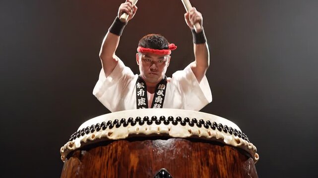 Taiko Drummer Performing Traditional Japanese Drumming.