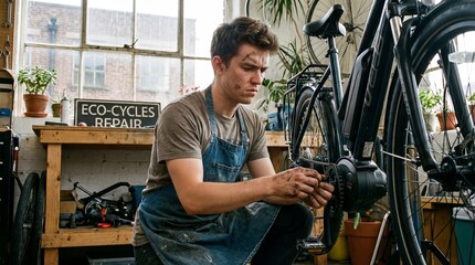 Young man repairing bicycle wheel in eco friendly bike workshop with natural light