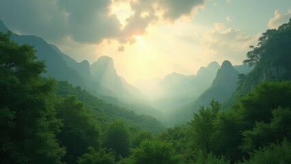 hyper realistic scenic landscape with lush green trees and distant mountains under partly cloudy dramatic sky soft haze and volumetric light with warm rays through foliage open center space wide lens 