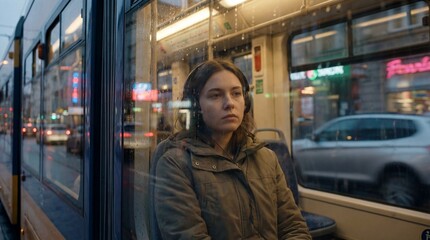 Young woman sitting on a city bus looking out the window at dusk with a thoughtful expression on her face
