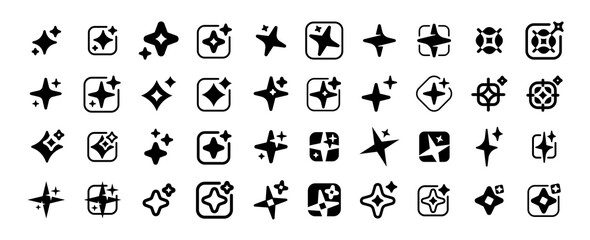 Naklejka premium AI sparkles icon set. Minimal artificial intelligence magic sparkle symbols for UI and design. PNG isolated, no background