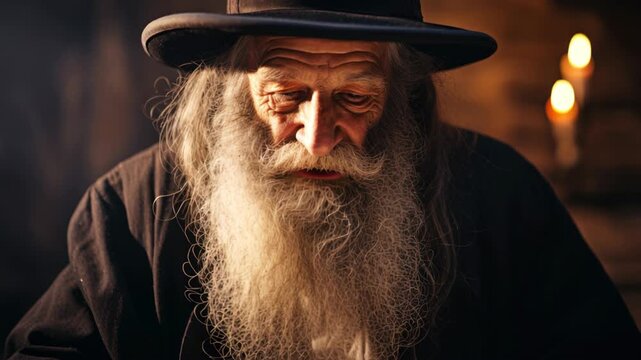 Wise elderly Jewish Orthodox man with a long white beard reading talmud book. An old Jew in a dark room studying torah by candlelight. Knowledge and tradition concept