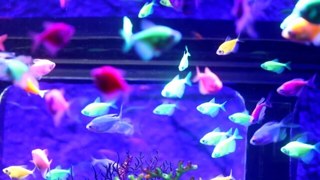 A school of vibrant multicolored glofish gymnocorymbus swimming actively in a clean aquarium among green decorations. Saturated pink, blue, and yellow colors create a dynamic and calming underwater at