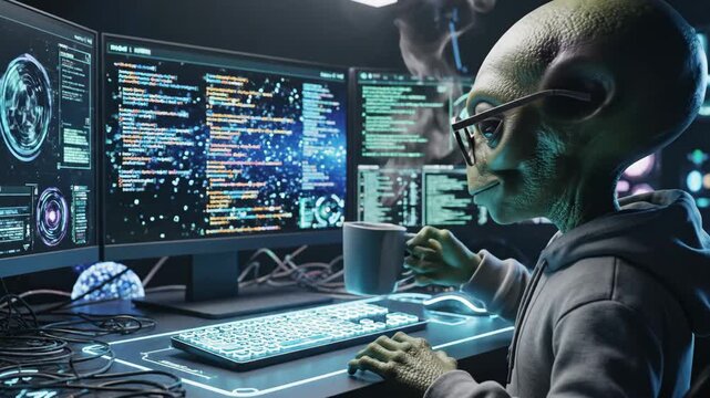 An extraterrestrial programmer in a hoodie and glasses works at a multi-monitor computer. The creature sips from a mug then types on a glowing keyboard as lines of code scroll across the screens.