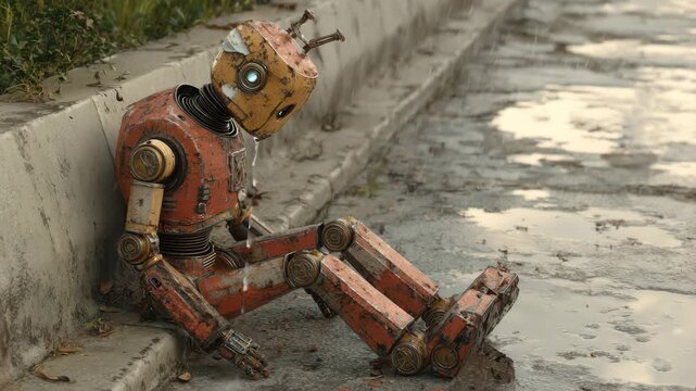 4K Dejected rusty robot sitting by a curb next to puddles, a poignant image of abandonment and technological decay video