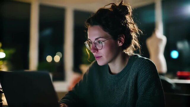 Woman working on laptop at night, focused and productive