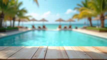 Fototapeta premium table surface with tropical swimming pool or beach in background summer vacation scene with blue water and resort atmosphere natural outdoor setting concept of travel tourism hospitality business