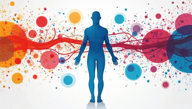 Blue human silhouette stands before abstract colorful blood cell graphics, red flowing lines. Represents health science, biology, medical infographics. Visualizes hematology, body systems, cellular