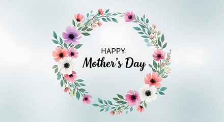 Happy mother's day wishes with beautiful floral wreath and greeting card.