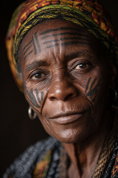 A close-up of an elderly Bubi woman's serene, expressive face, adorned with traditional markings, conveying deep wisdom and heritage.