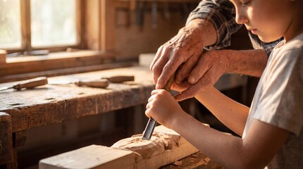 Close up of a young boy learning woodworking from an elderly man in a workshop