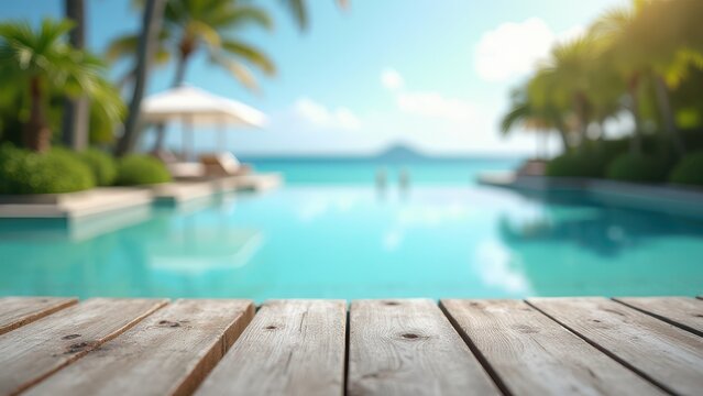 table surface with tropical swimming pool or beach in background summer vacation scene with blue water and resort atmosphere natural outdoor setting concept of travel tourism hospitality business