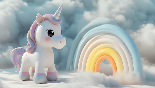 Cheerful Unicorn toy under rainbow and clouds background, kids theme, graphic design illustration wallpaper 