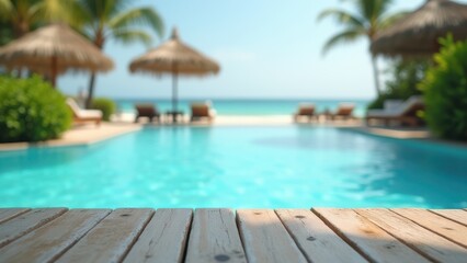 Fototapeta premium table surface with tropical swimming pool or beach in background summer vacation scene with blue water and resort atmosphere natural outdoor setting 