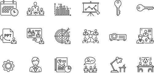 Business icons, office symbols, presentation vector set, team collaboration graphics, planning illustrations, data analysis visuals, professional elements, workspace line art