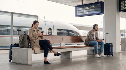 Two travelers sitting on a bench at a train station with luggage and train in background