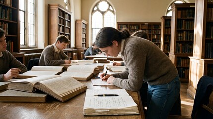 Students studying in a library with books and notes focused on learning and education in a quiet academic environment