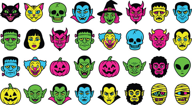 Cartoon Funny Monsters Heads Halloween Vector, Halloween Monster Face Icons Set, Cartoon Horror Characters Vector Collection
