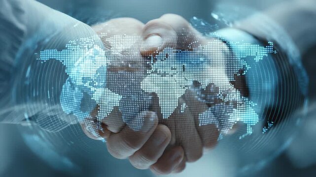 4K Global business partnership and digital connection two business people shaking hands with world map overlay representing international collaboration and technology video