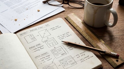 Wireframe design concept with coffee cup glasses and pencil on wooden desk for creative planning and brainstorming