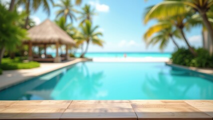 Fototapeta premium table surface with tropical swimming pool or beach in background summer vacation scene with blue water and resort atmosphere natural outdoor setting 