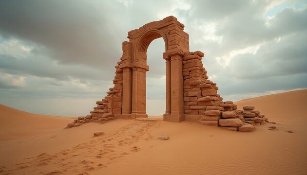 Ancient stone archway ruins stand in vast desert sand dunes under cloudy sky. Eroded weathered sandstone structure shows past civilization history. Footprints lead towards weathered gateway to