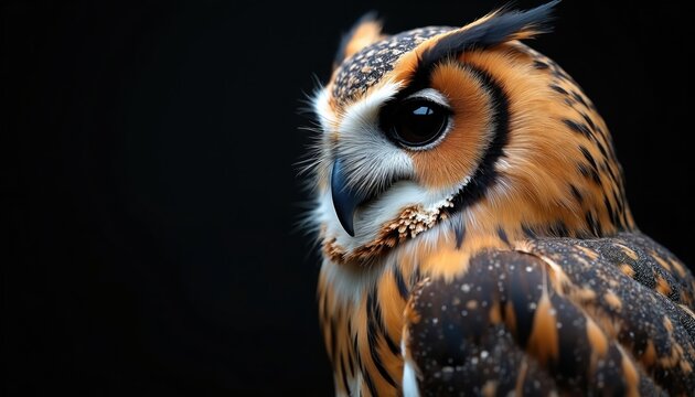 Detailed close-up profile of striking owl shows intricate feather patterns and intense dark eyes. This nocturnal bird face is framed by warm brown orange and white plumage against plain black void.