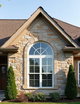 Exterior shot of a modern house featuring stone veneer walls and a large arched window. Green shrubs and trees adorn the manicured lawn outside.