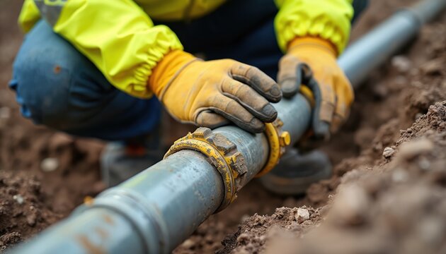 Worker in yellow jacket fixes underground gas pipe joint. Hands wear gloves, holding pipe section, connecting pipes. Construction site excavates earth for utility line repair.