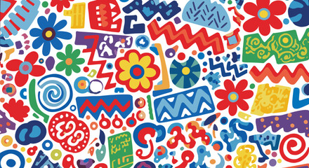 Colorful abstract pattern with geometric shapes, squiggles, spirals, and stylized flowers, playful vector design illustration