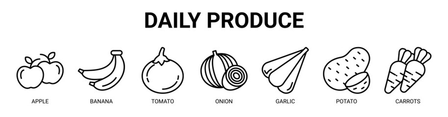 Daily Produce web banner icon vector illustration concept with icon of apple, banana, tomato, onion, garlic, potato, and carrots.