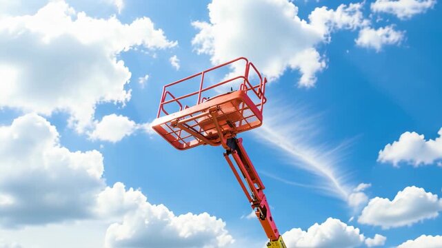 Modern cherry picker platform against sky, boom with lift bucket of heavy hydraulic machinery,