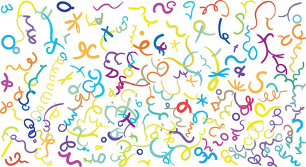 Colorful abstract squiggle and loop pattern, vibrant curls and symbols, playful texture, vector design illustration