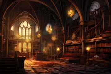 Obraz premium Sunlight illuminating dusty gothic library with books, candles, chandeliers and wooden furniture