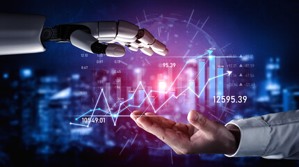 Obraz premium A striking image captures a futuristic interaction between a human hand and a robotic arm, showcasing data analysis themes through digital graphs and charts, embodying innovation. Scalp